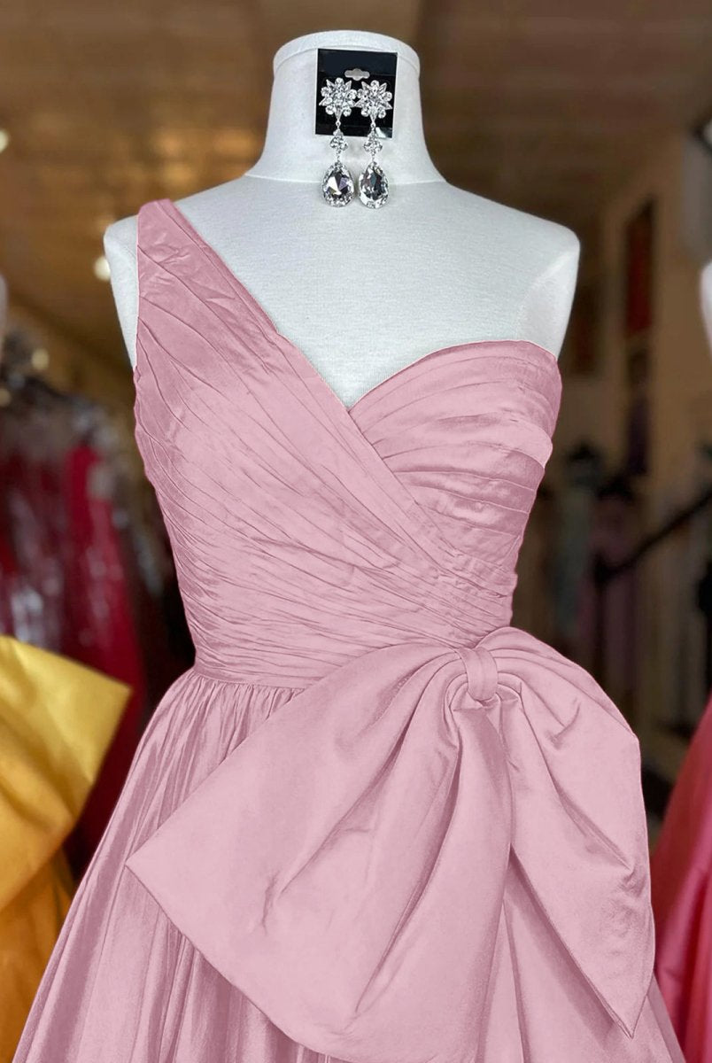 Elvinia | One Shoulder Satin A Line Prom Dress With Bow