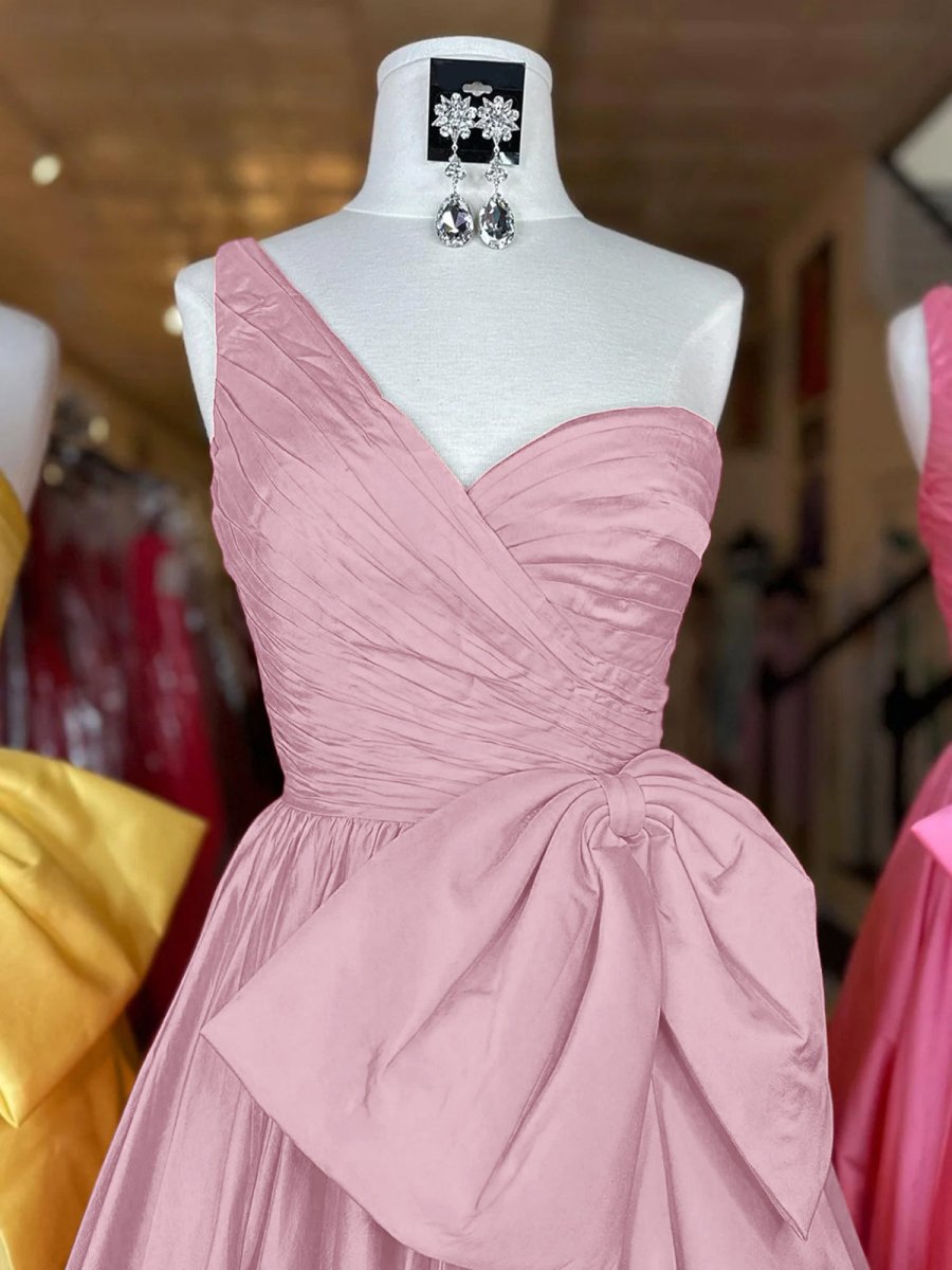 Elvinia | One Shoulder Satin A Line Prom Dress With Bow