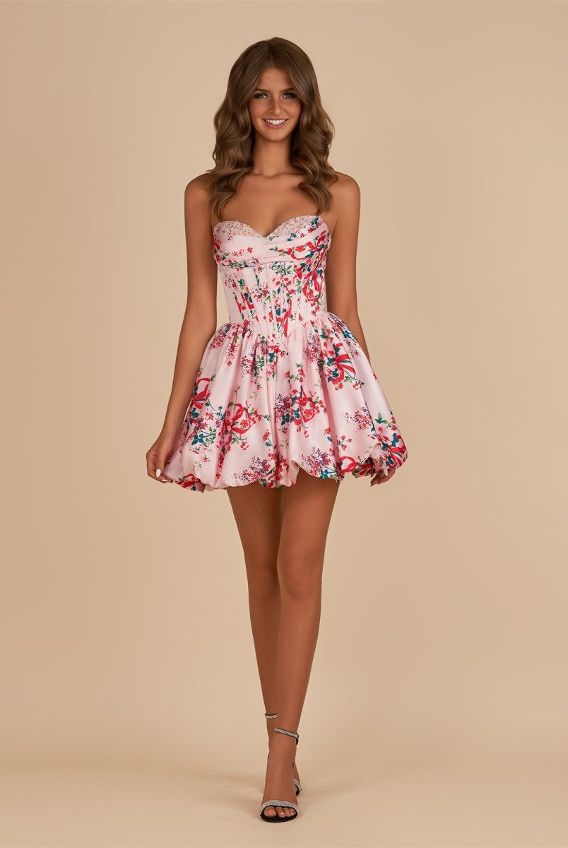 Elvy | Pink - A Line Sweetheart Floral Satin Bubble Hem Homecoming Dresses with Sequins