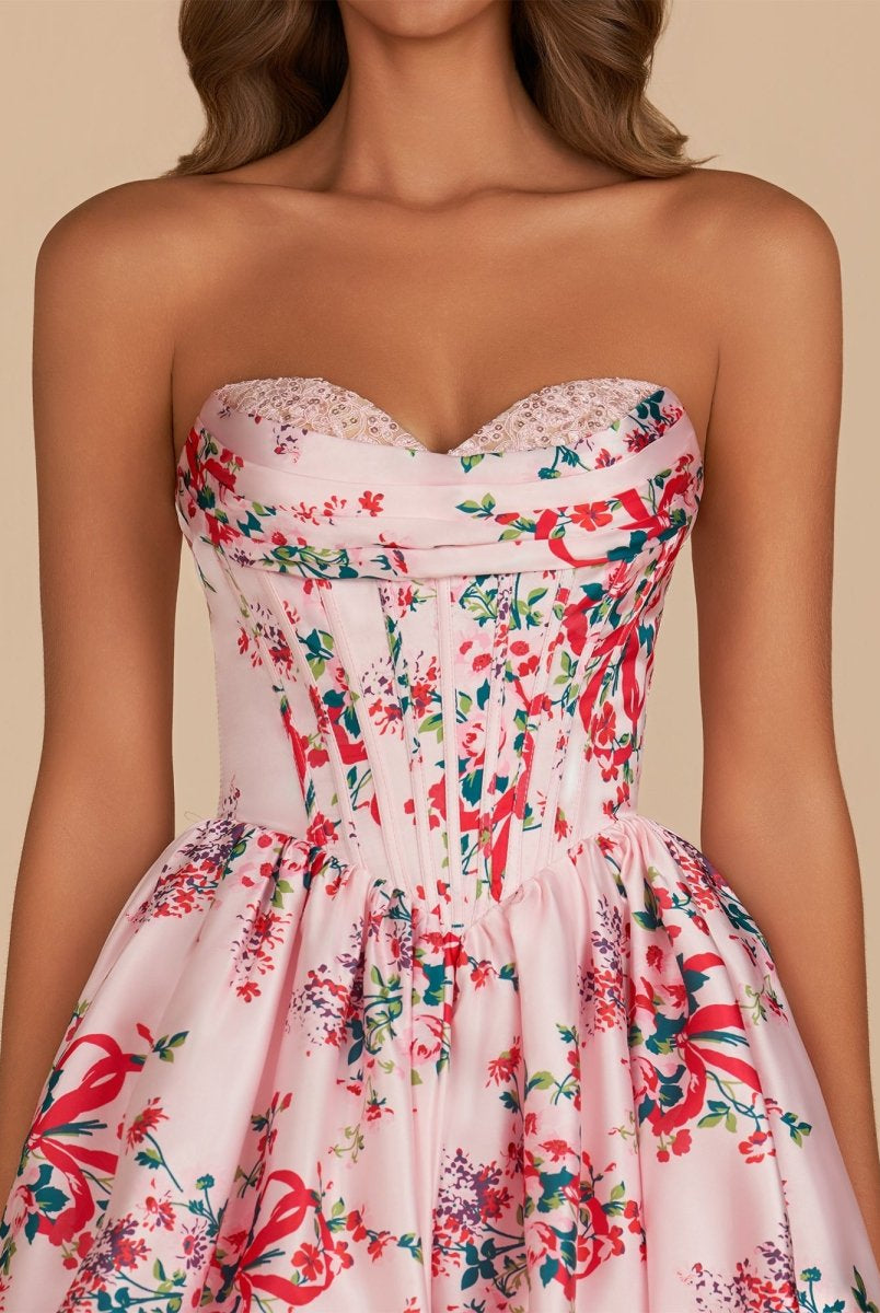 Elvy | Pink - A Line Sweetheart Floral Satin Bubble Hem Homecoming Dresses with Sequins
