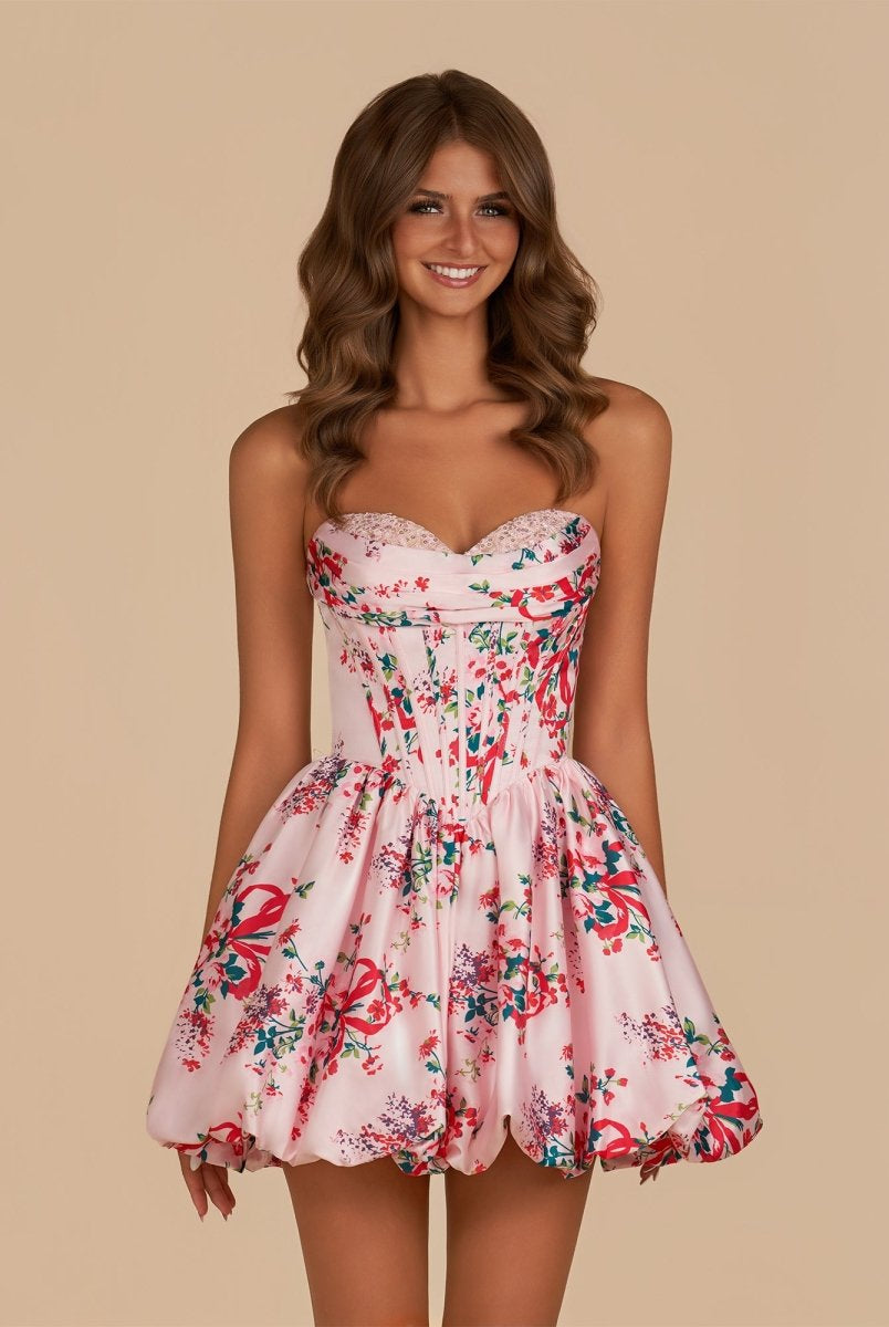 Elvy | Pink - A Line Sweetheart Floral Satin Bubble Hem Homecoming Dresses with Sequins