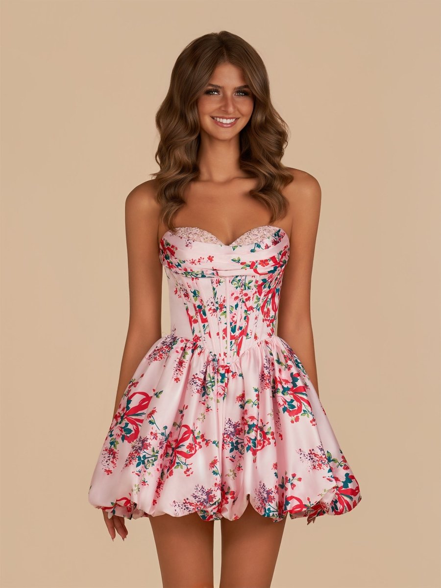 Elvy | Pink - A Line Sweetheart Floral Satin Bubble Hem Homecoming Dresses with Sequins