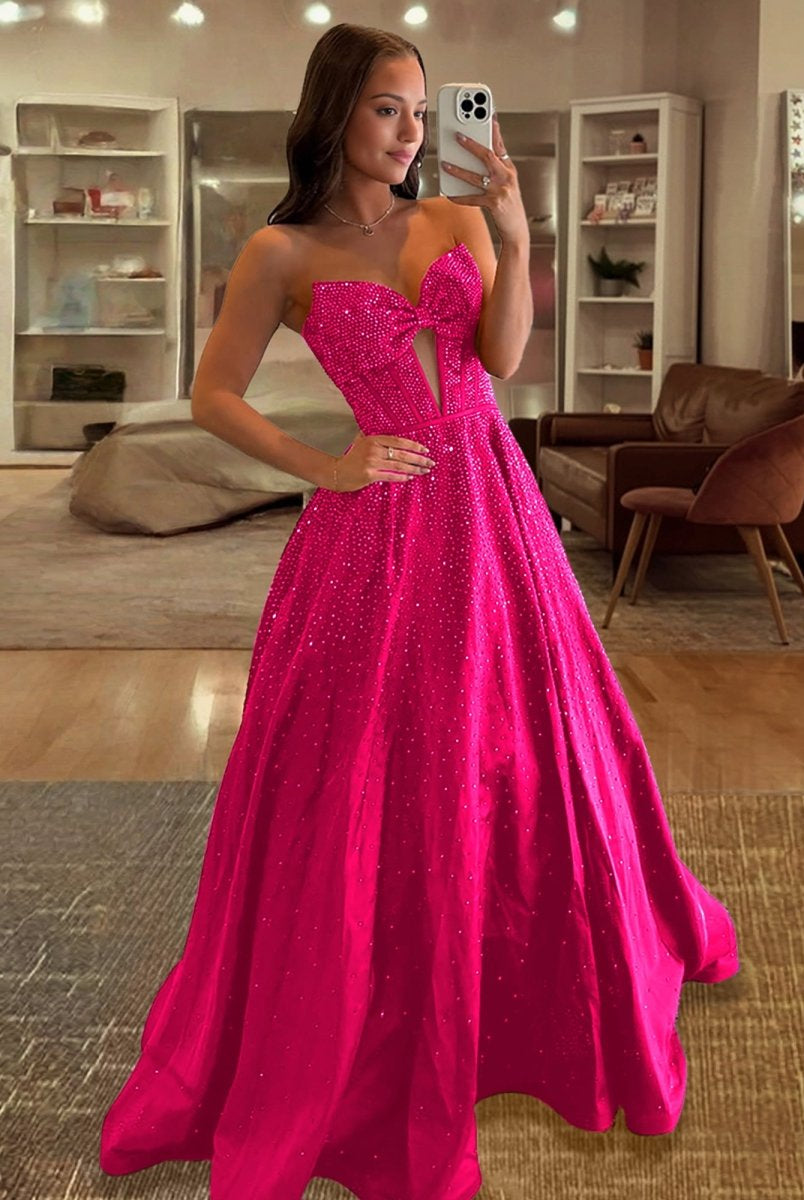 Elya | Fuchsia - Strapless Satin Beaded A Line Long Prom Dresses With Bow - KissProm
