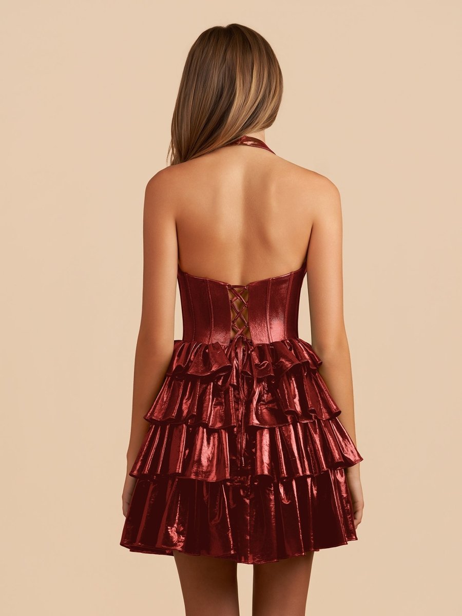 Elza | Burgundy - Halter A Line Metallic Ruffles Homecoming Dresses With Bow