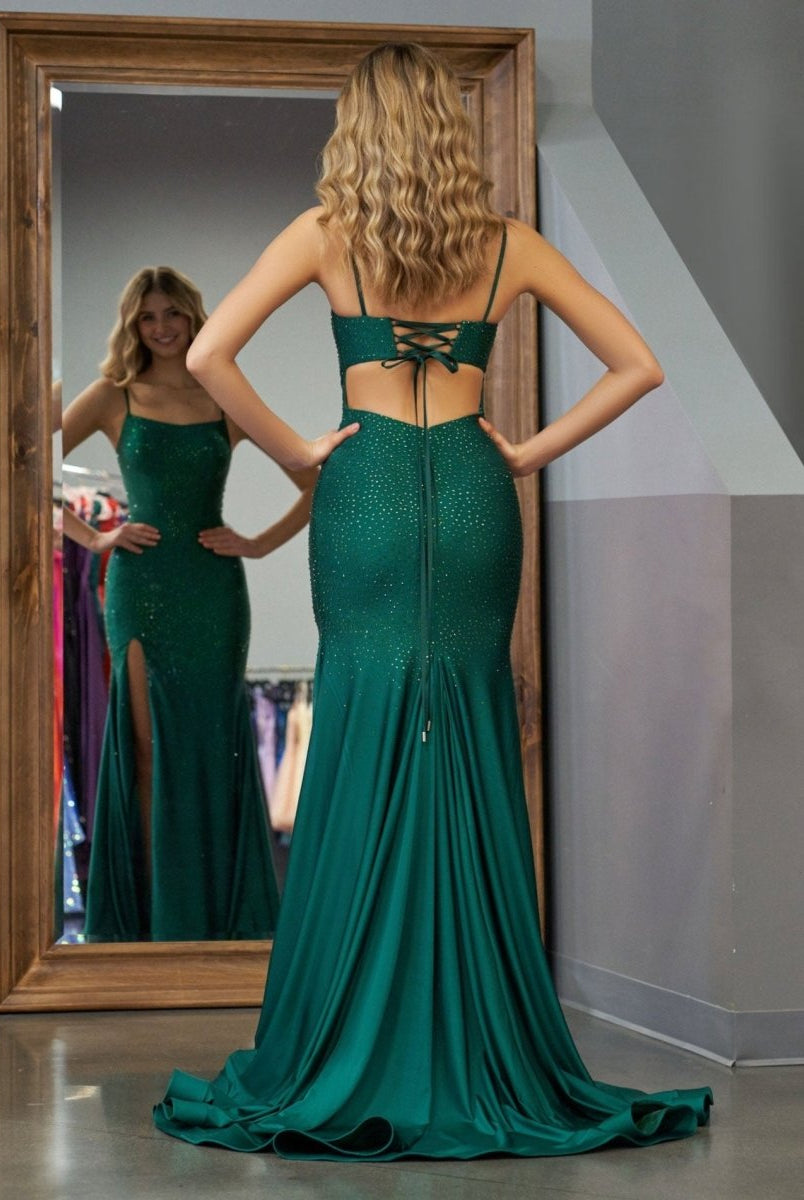 Emelia | Mermaid Spaghettti Strap Beaded Satin Prom Dress with Slit