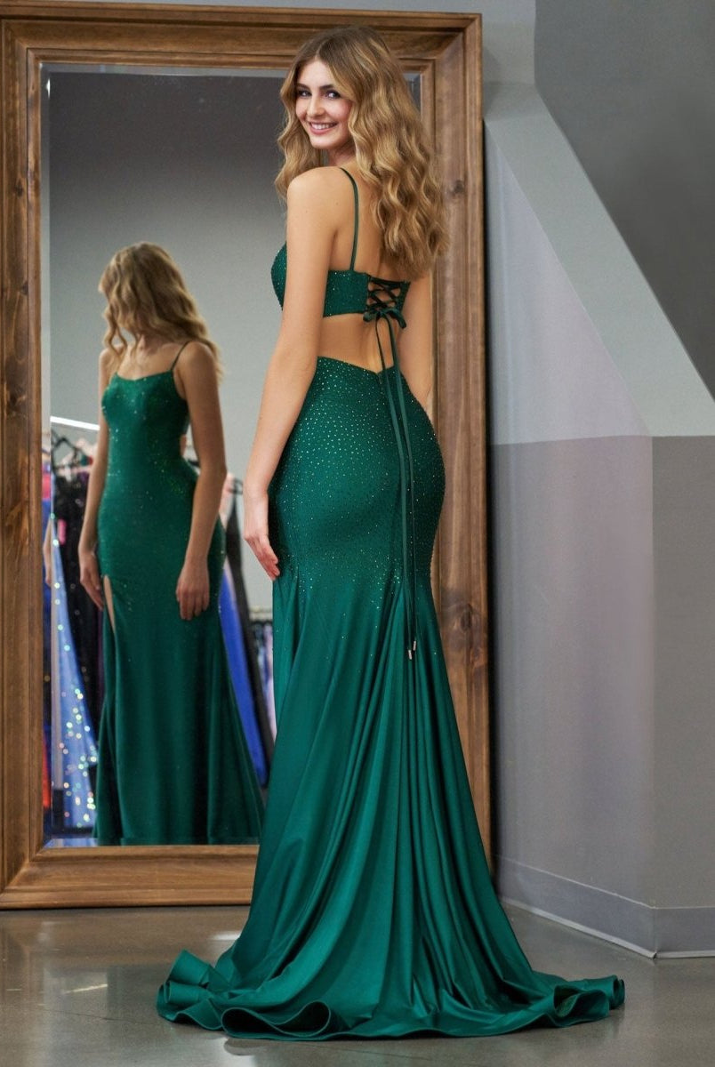 Emelia | Mermaid Spaghettti Strap Beaded Satin Prom Dress with Slit