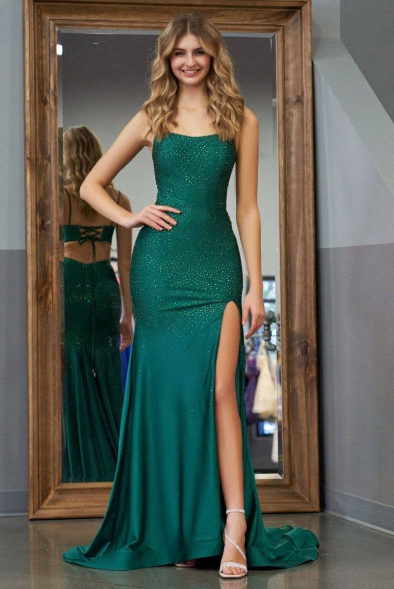 Emelia | Mermaid Spaghettti Strap Beaded Satin Prom Dress with Slit