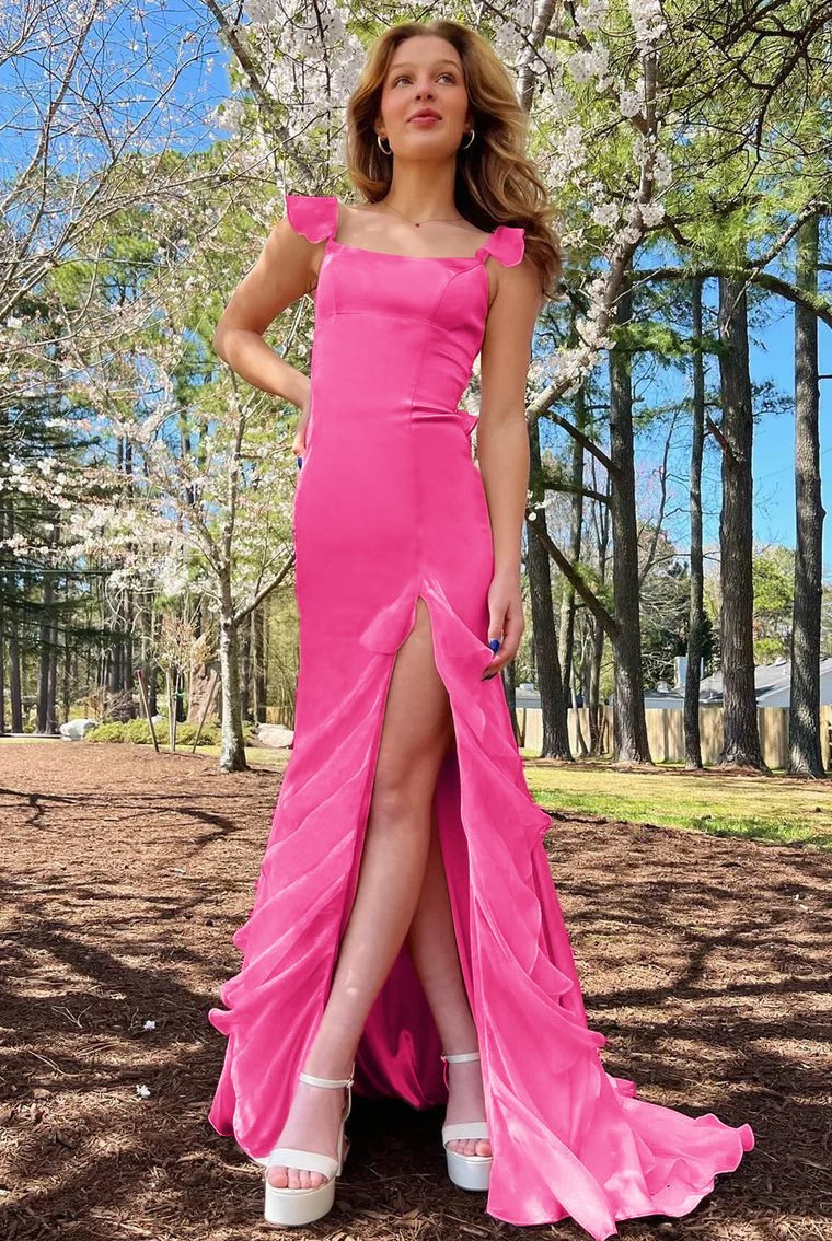 Ailani | Emerald Green Square Neck Ruffle Slit Prom Dress