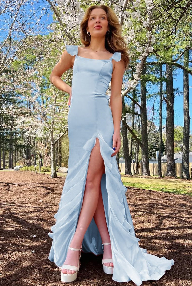 Ailani | Emerald Green Square Neck Ruffle Slit Prom Dress