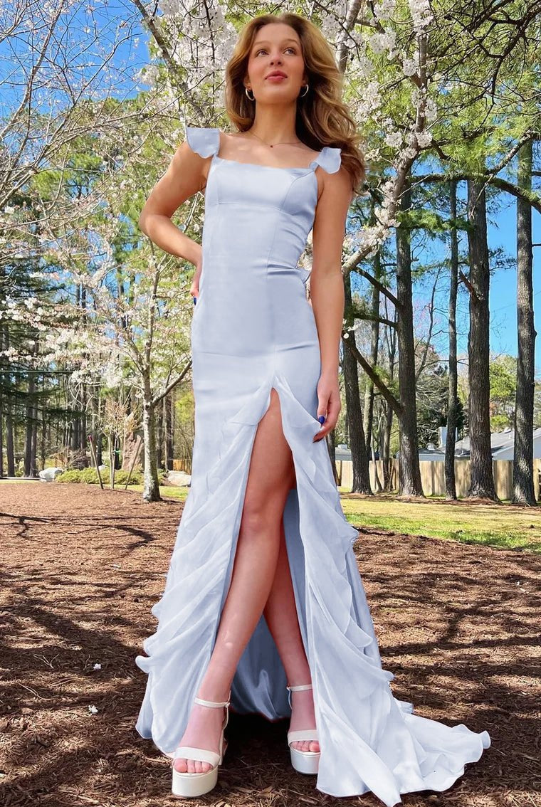 Ailani | Emerald Green Square Neck Ruffle Slit Prom Dress