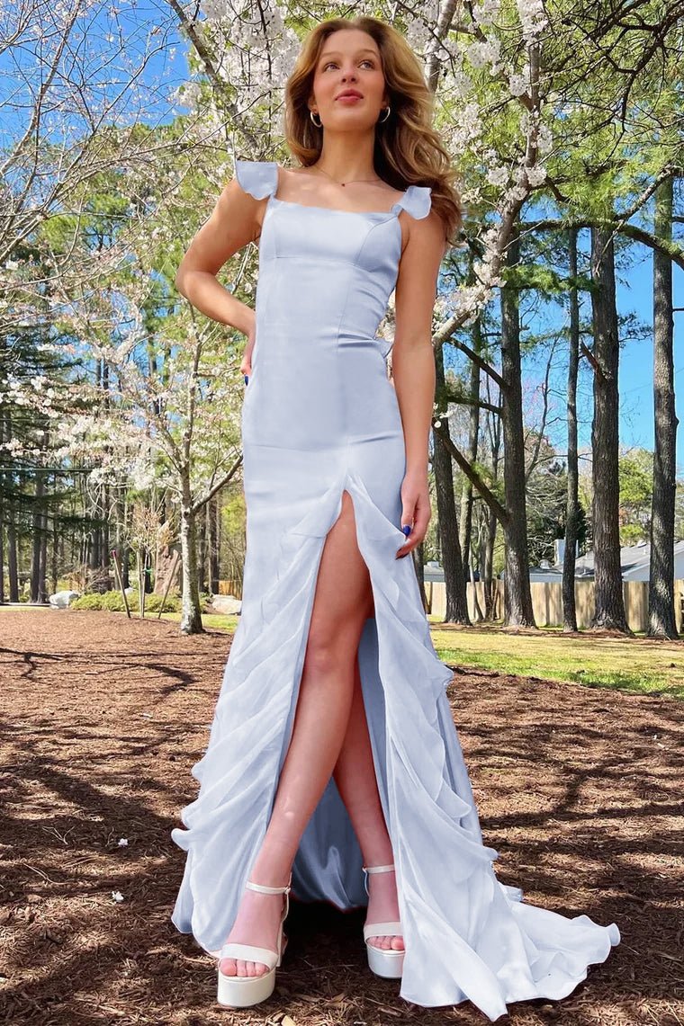 Ailani | Emerald Green Square Neck Ruffle Slit Prom Dress