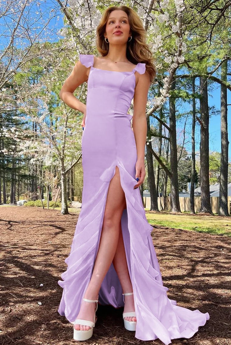 Ailani | Emerald Green Square Neck Ruffle Slit Prom Dress