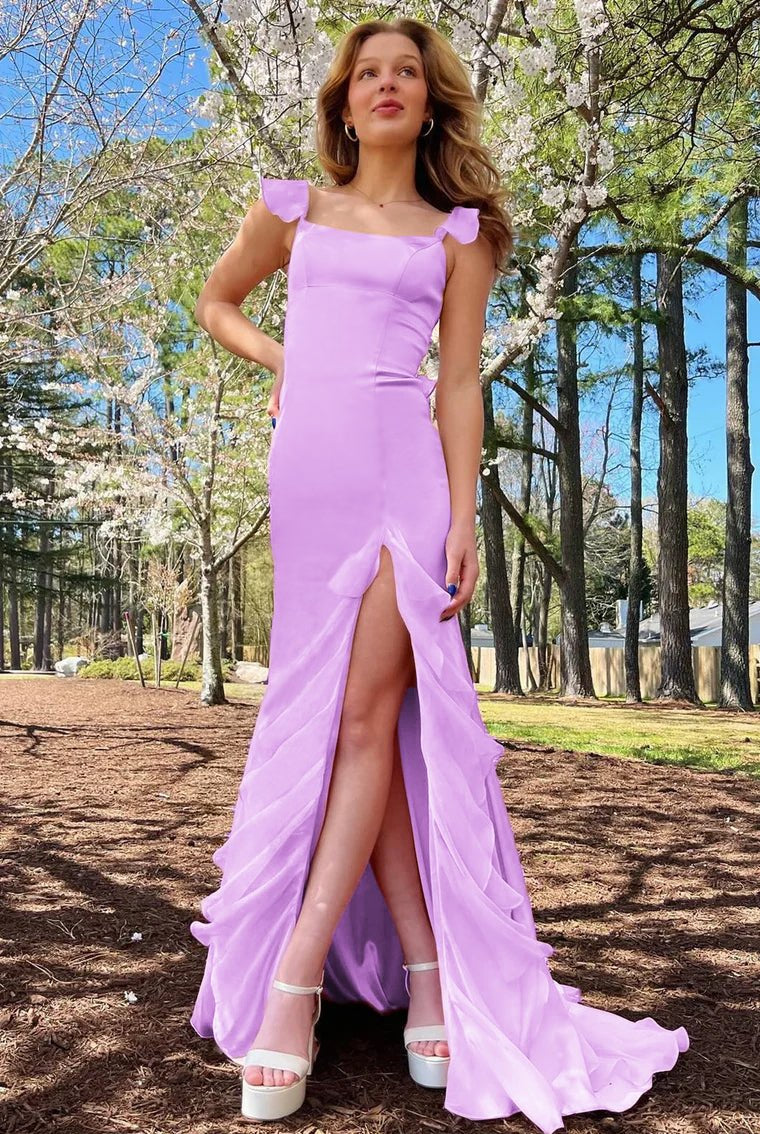 Ailani | Emerald Green Square Neck Ruffle Slit Prom Dress