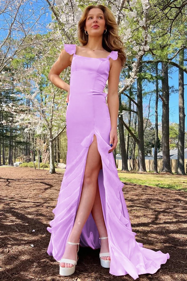 Ailani | Emerald Green Square Neck Ruffle Slit Prom Dress