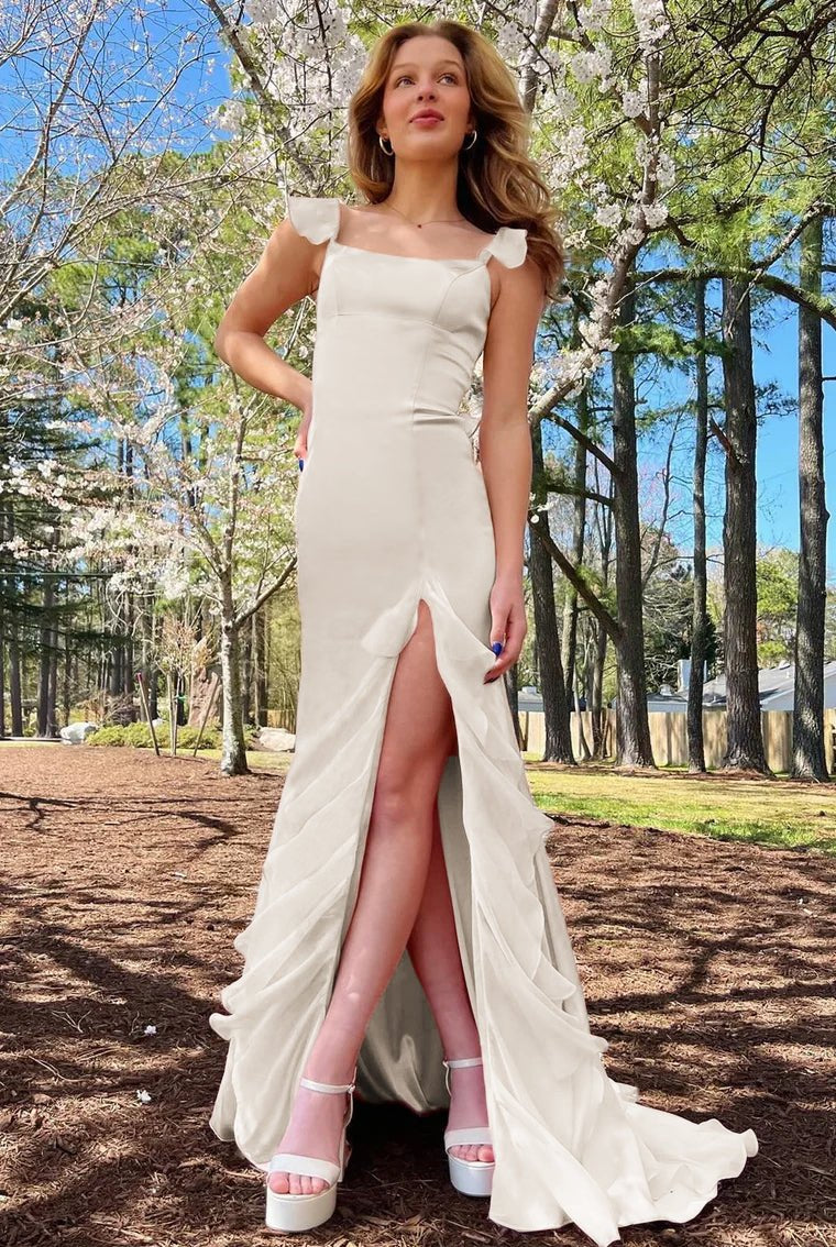 Ailani | Emerald Green Square Neck Ruffle Slit Prom Dress