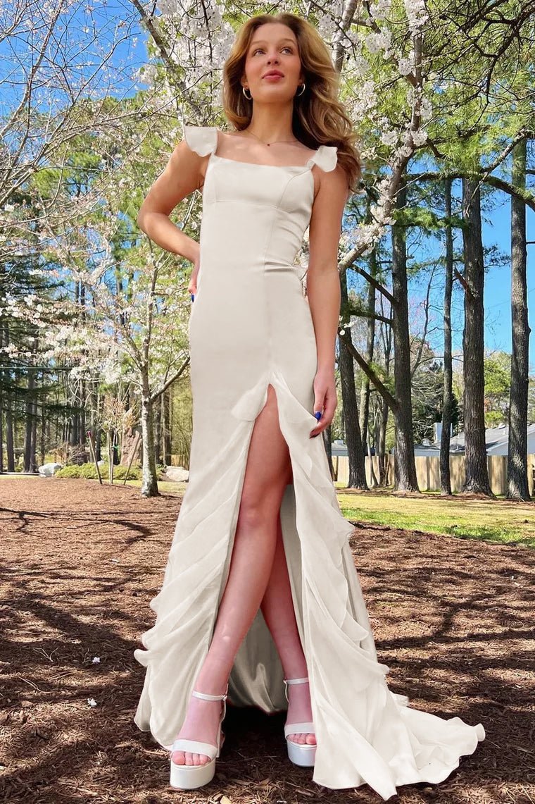 Ailani | Emerald Green Square Neck Ruffle Slit Prom Dress