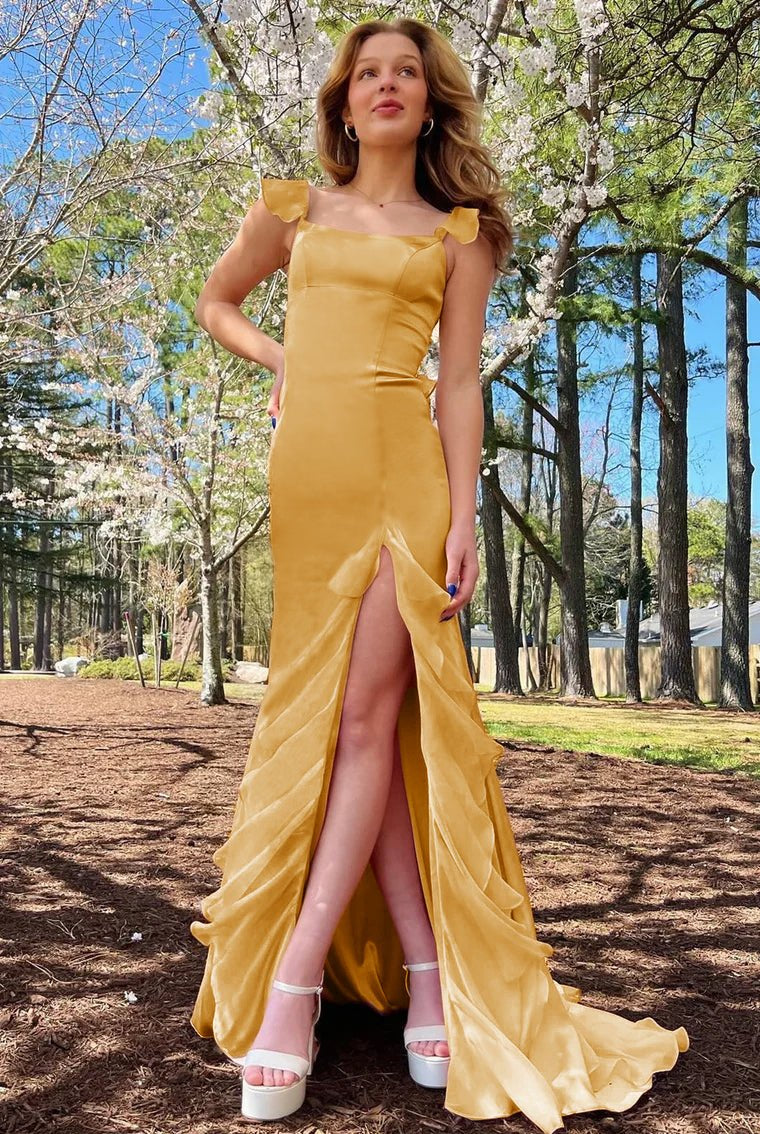 Ailani | Emerald Green Square Neck Ruffle Slit Prom Dress