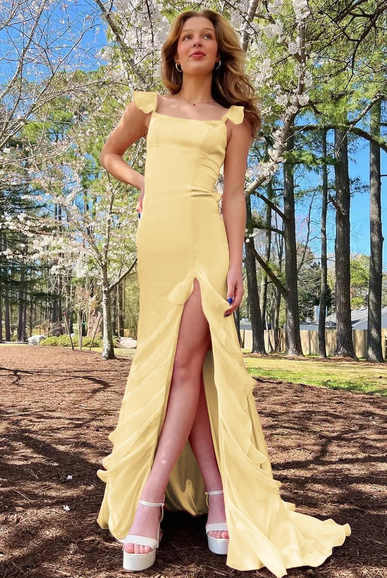 Ailani | Emerald Green Square Neck Ruffle Slit Prom Dress