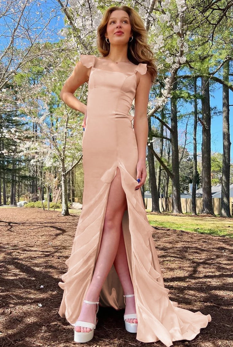 Ailani | Emerald Green Square Neck Ruffle Slit Prom Dress