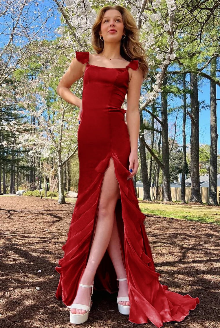 Ailani | Emerald Green Square Neck Ruffle Slit Prom Dress