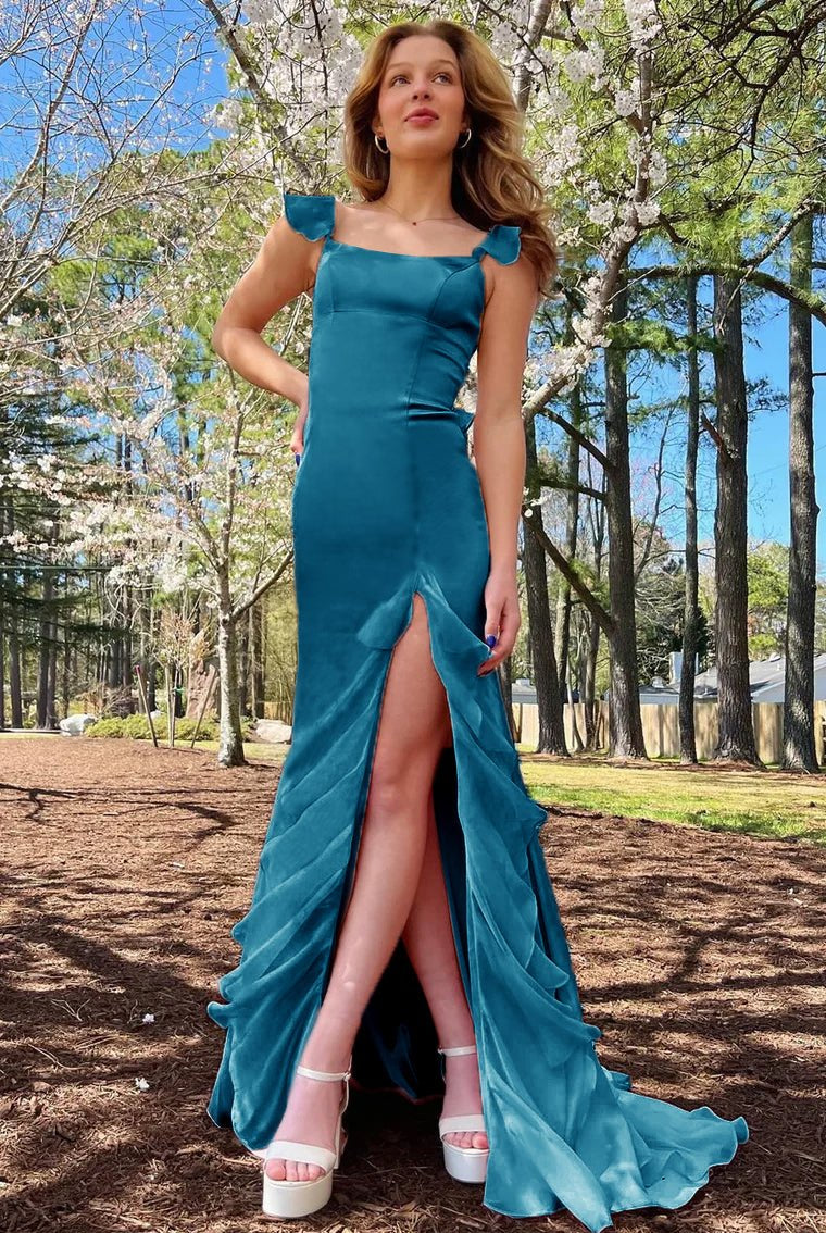 Ailani | Emerald Green Square Neck Ruffle Slit Prom Dress