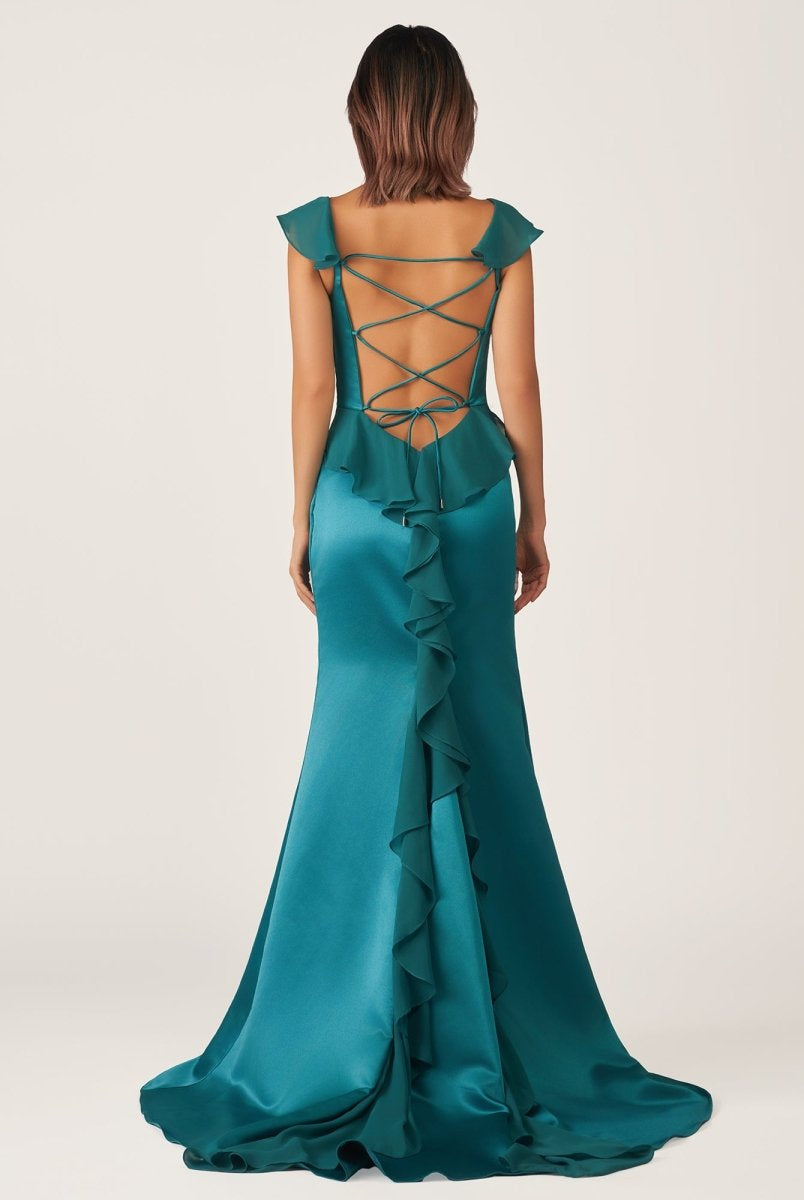Ailani | Emerald Green Square Neck Ruffle Slit Prom Dress
