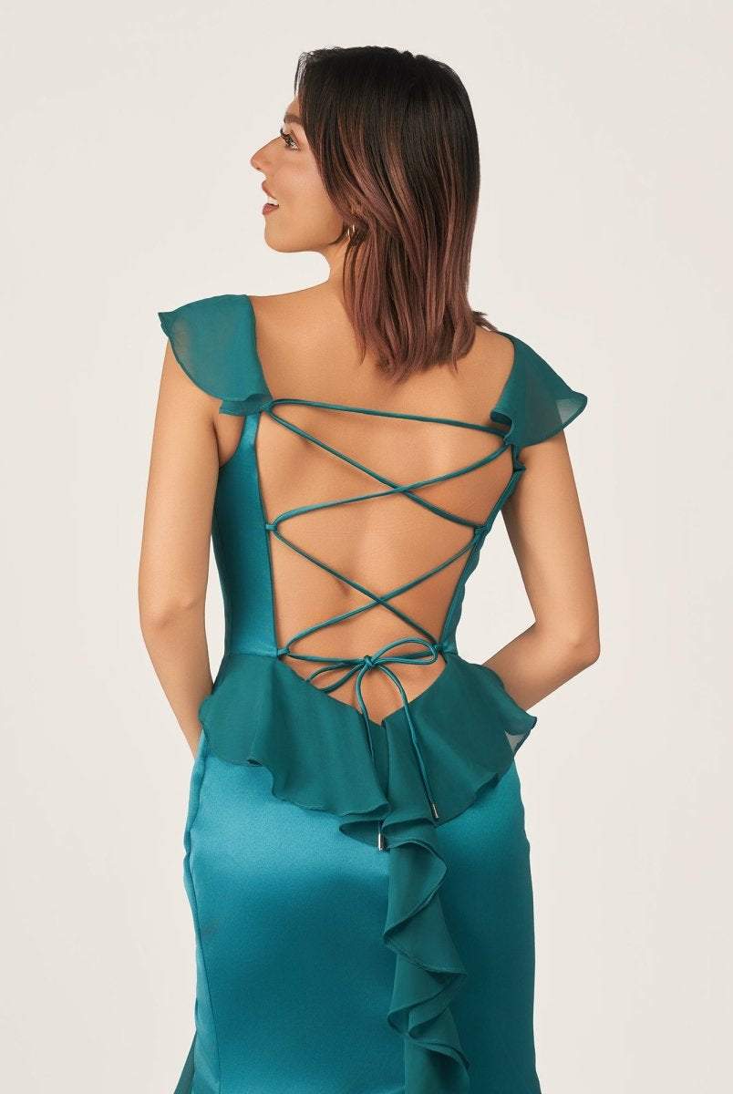 Ailani | Emerald Green Square Neck Ruffle Slit Prom Dress