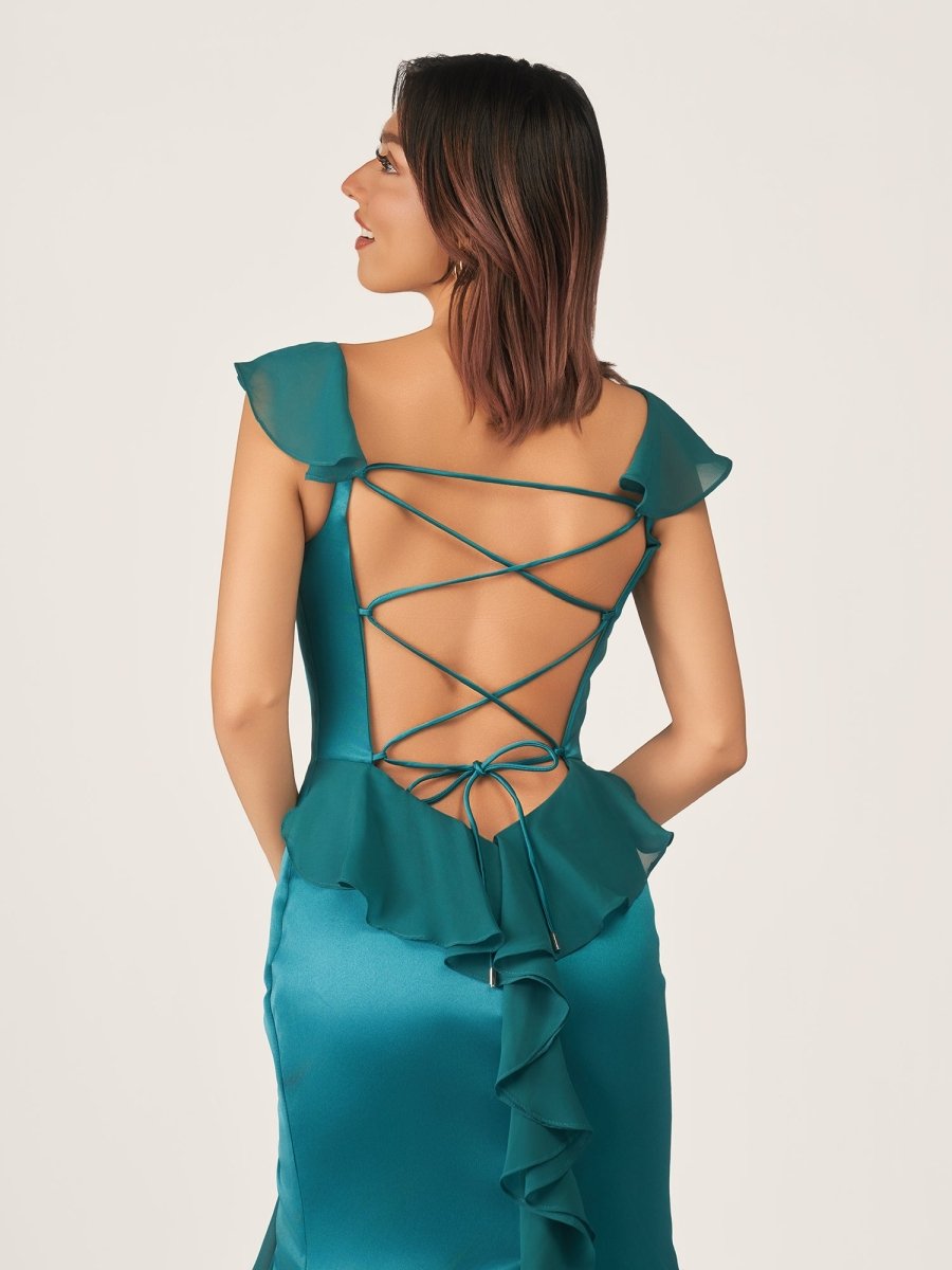 Ailani | Emerald Green Square Neck Ruffle Slit Prom Dress