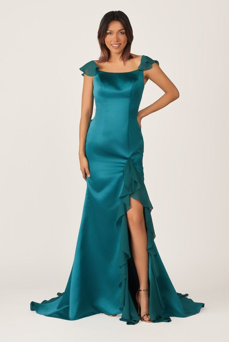 Ailani | Emerald Green Square Neck Ruffle Slit Prom Dress