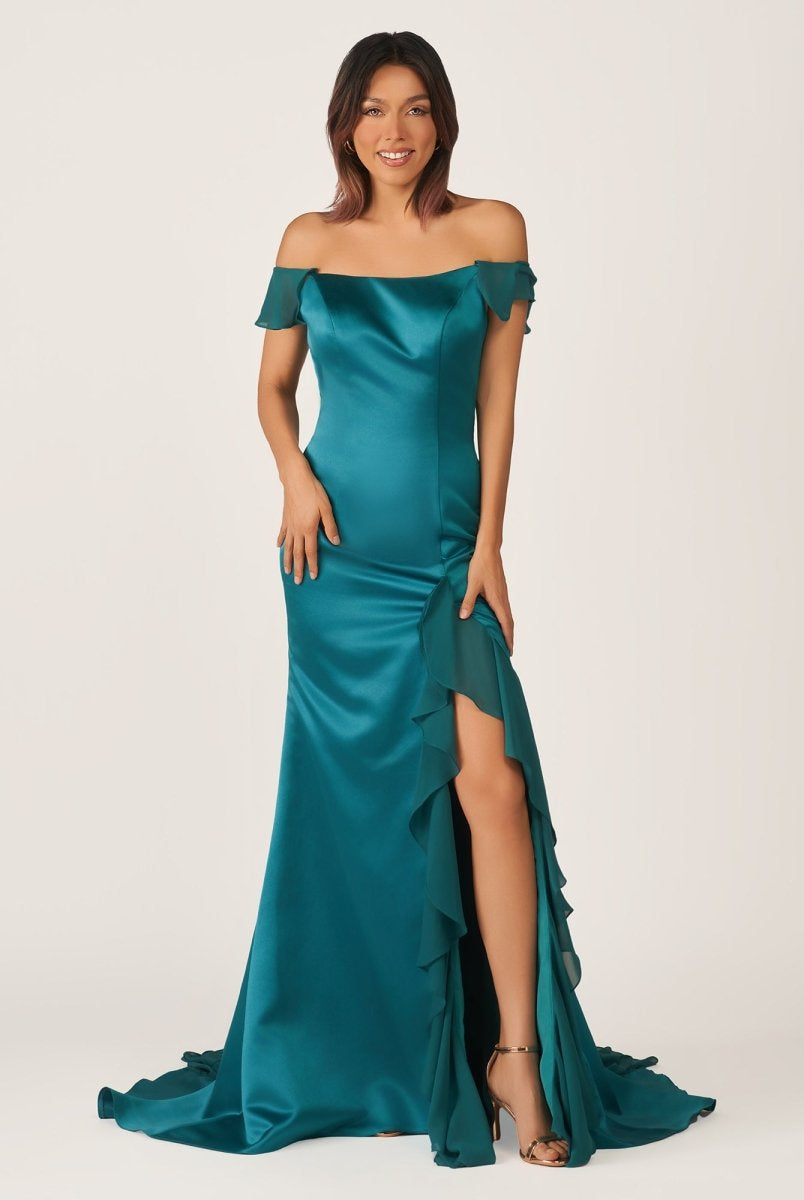 Ailani | Emerald Green Square Neck Ruffle Slit Prom Dress