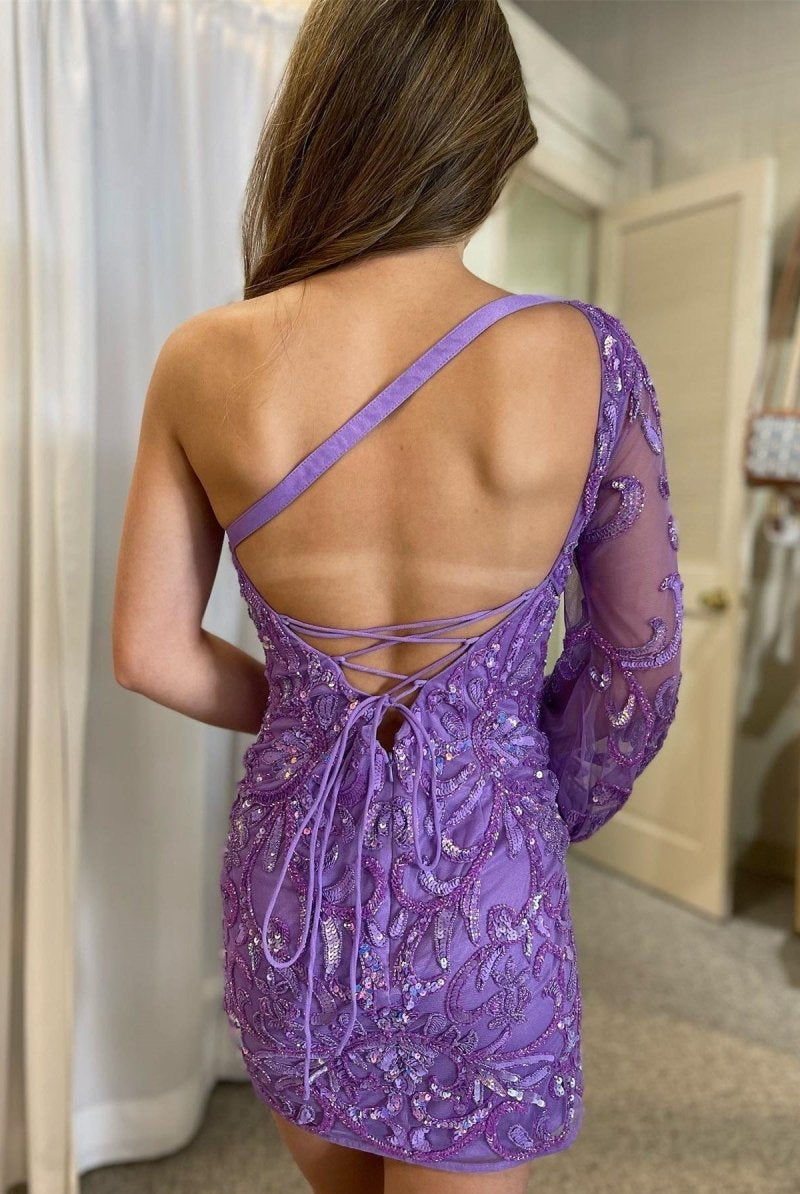 Emerald One-Sleeve Short Sequin Lace-Up Embroidered Homecoming Dress