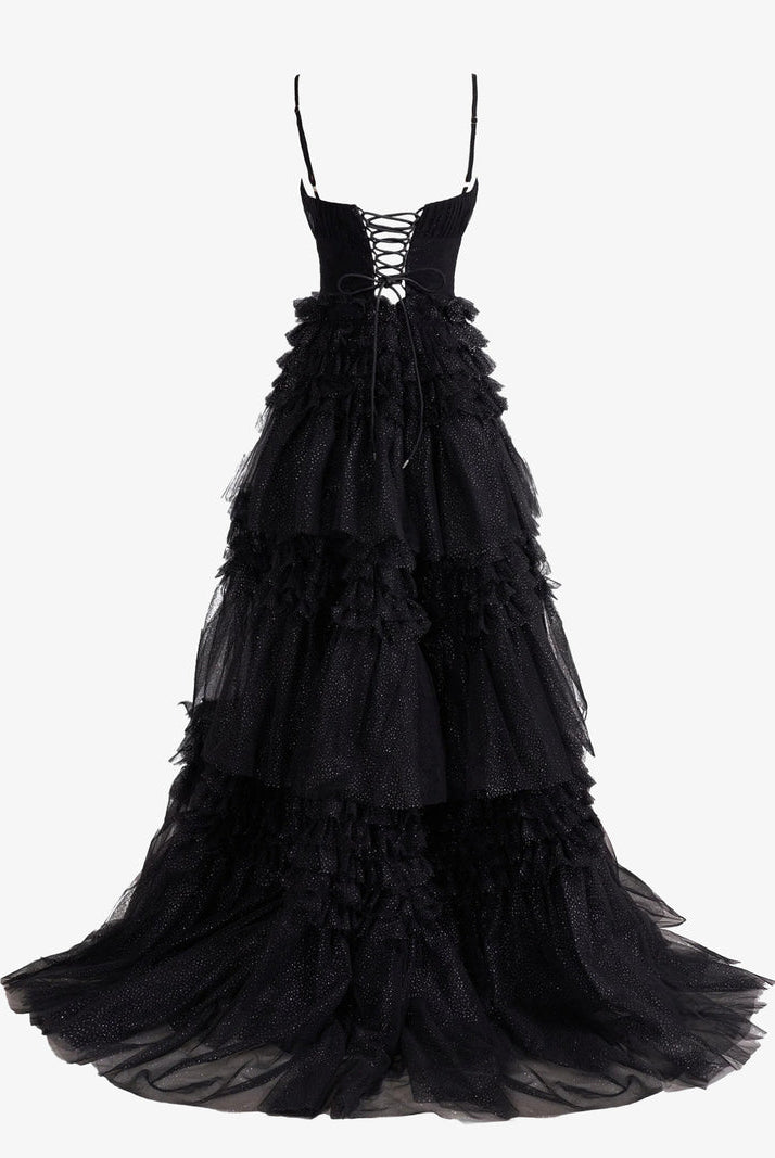 Emerson |A-Line Deep V Neck Tiered Long Glitter Tulle Prom Dress