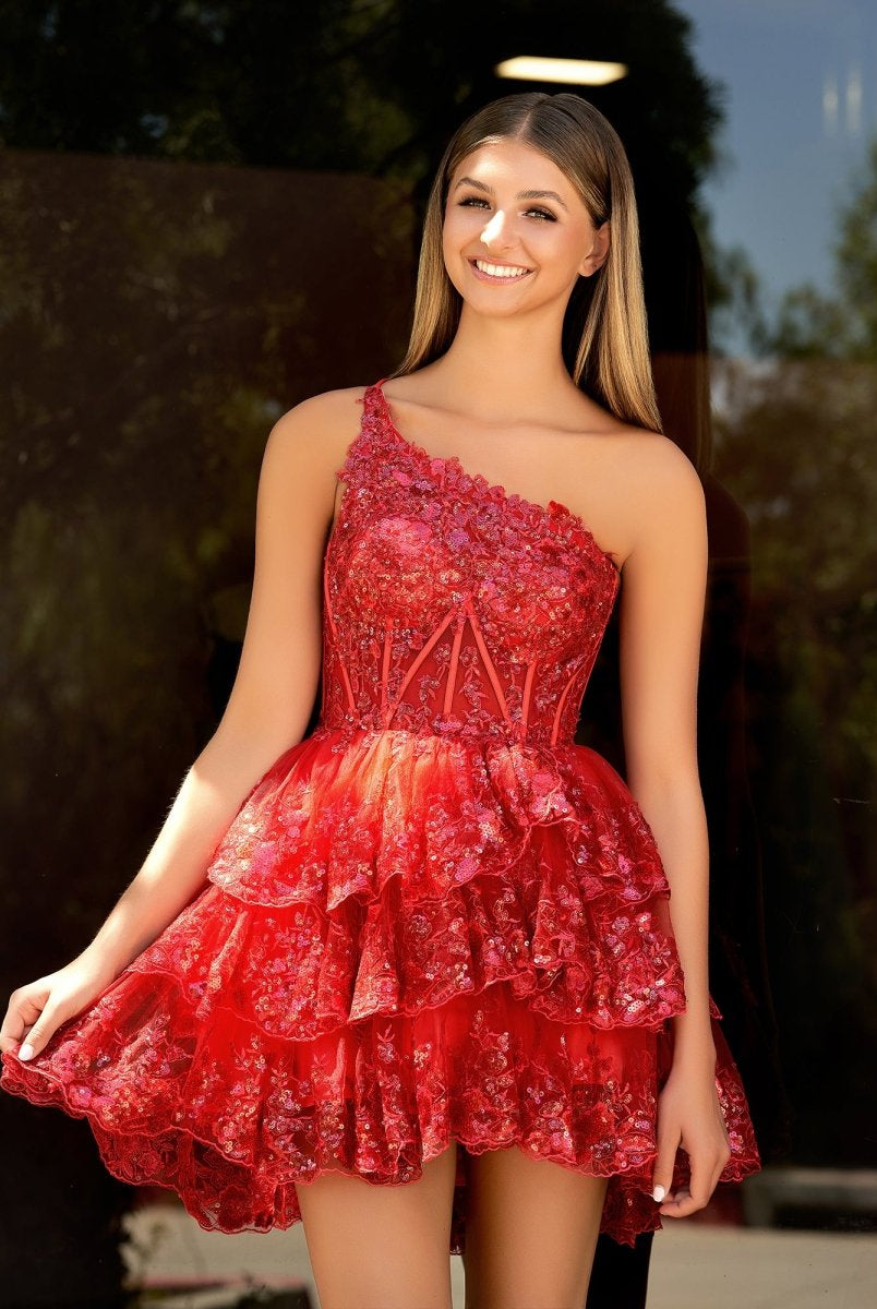 Emma | A Line One Shoulder Navy Tiered Lace Short Homecoming Dress