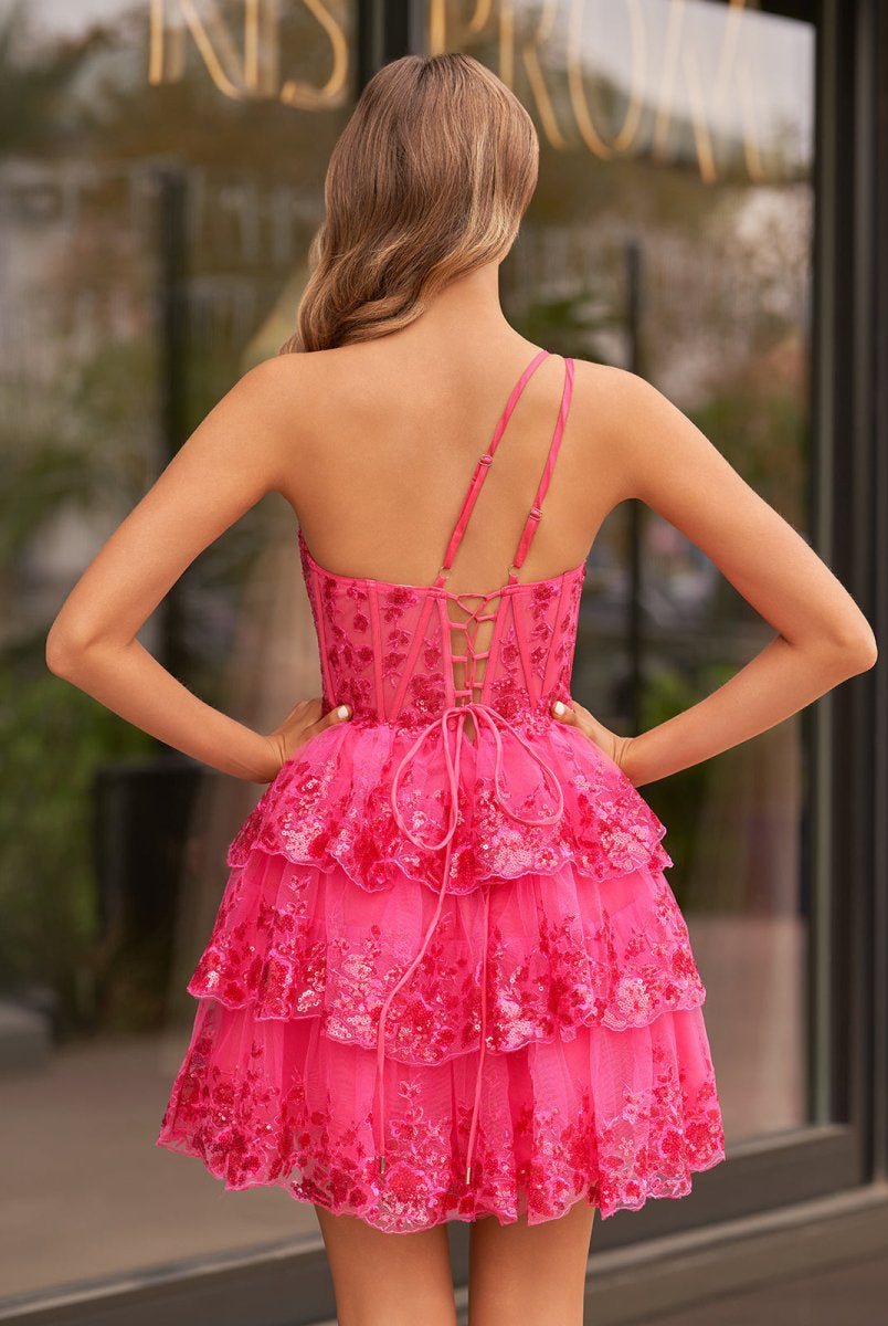 Emma | A Line One Shoulder Navy Tiered Lace Short Homecoming Dress