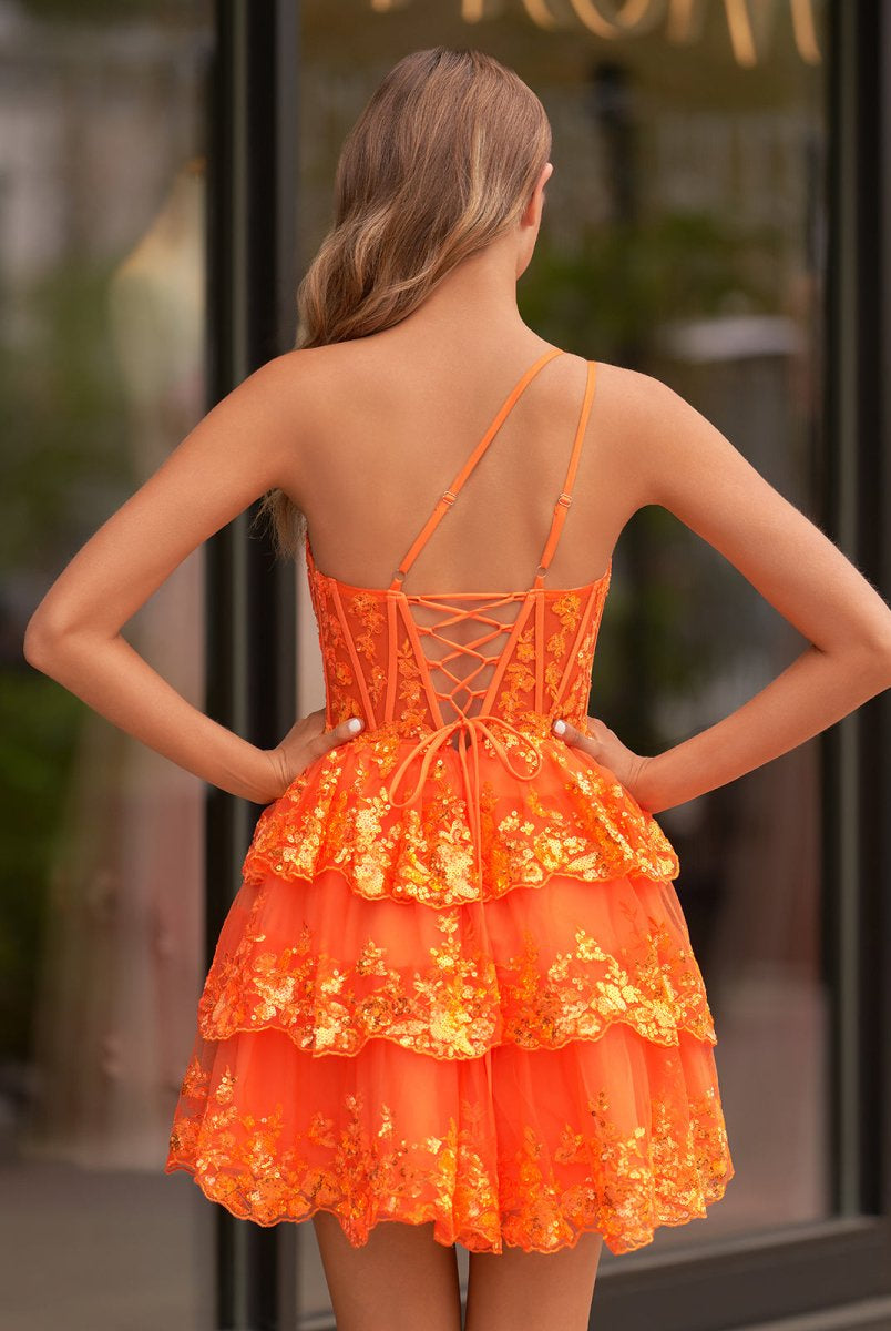 Emma | A Line One Shoulder Navy Tiered Lace Short Homecoming Dress