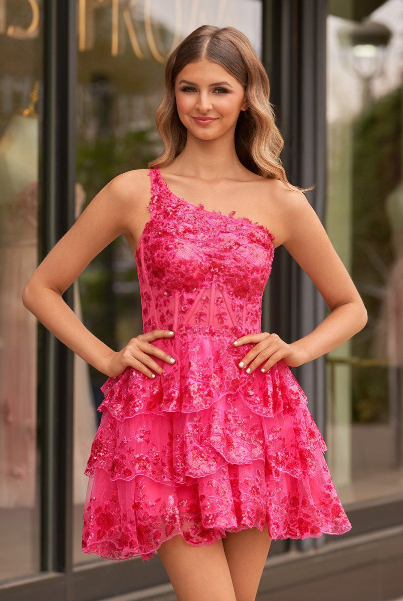 Emma | A Line One Shoulder Navy Tiered Lace Short Homecoming Dress