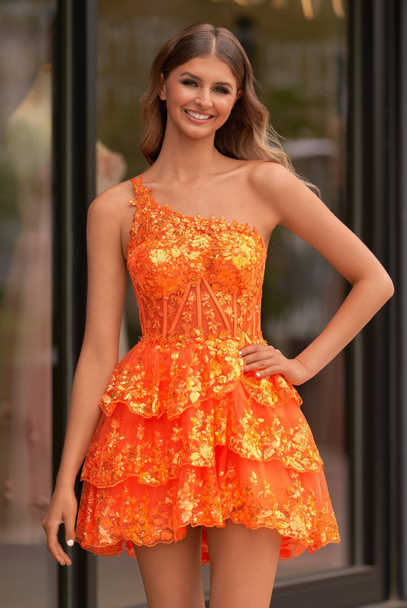 Emma | A Line One Shoulder Navy Tiered Lace Short Homecoming Dress