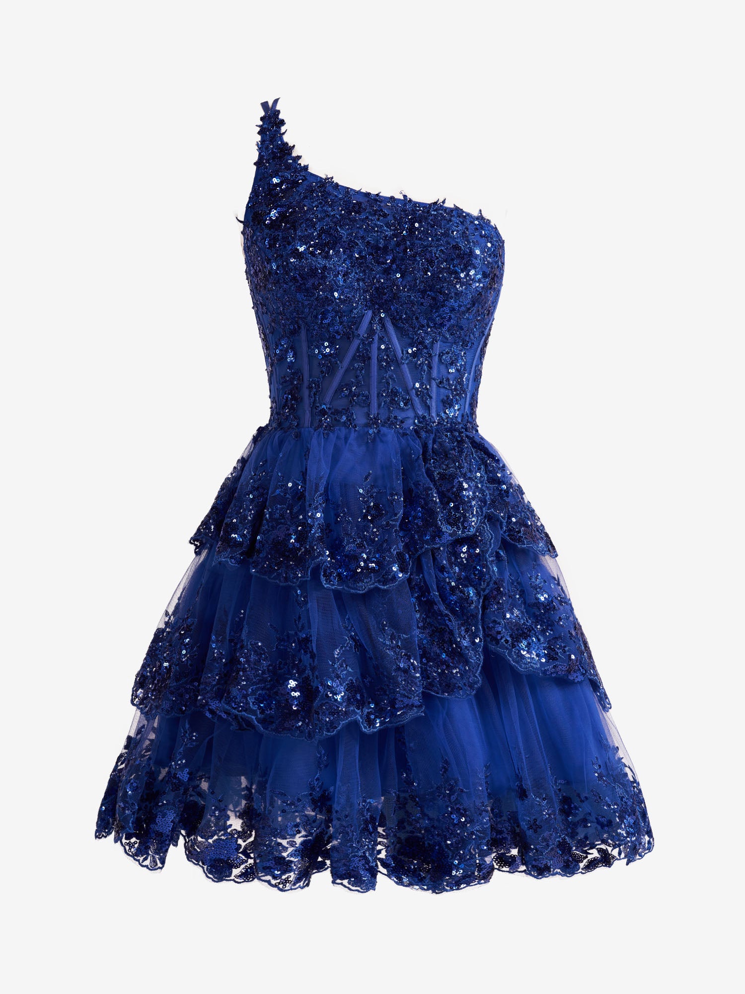 Emma | Royal Blue A Line One Shoulder Navy Tiered Lace Short Homecoming Dress