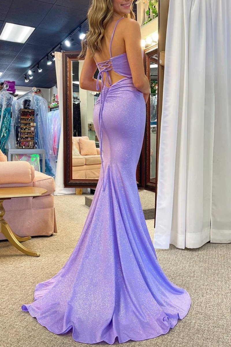 Ency | Glitter Lavender Beaded Lace - Up Mermaid Long Gown - KissProm