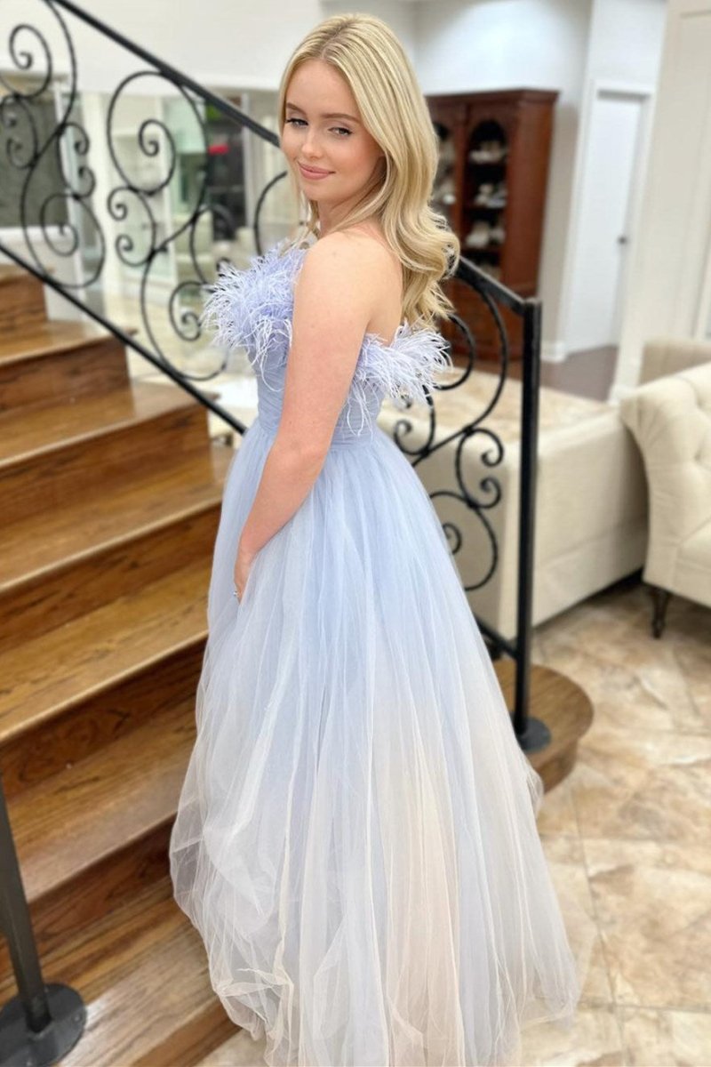 Enid | Blue and White Ombre Feathers Strapless A - Line Long Prom Dress - KissProm