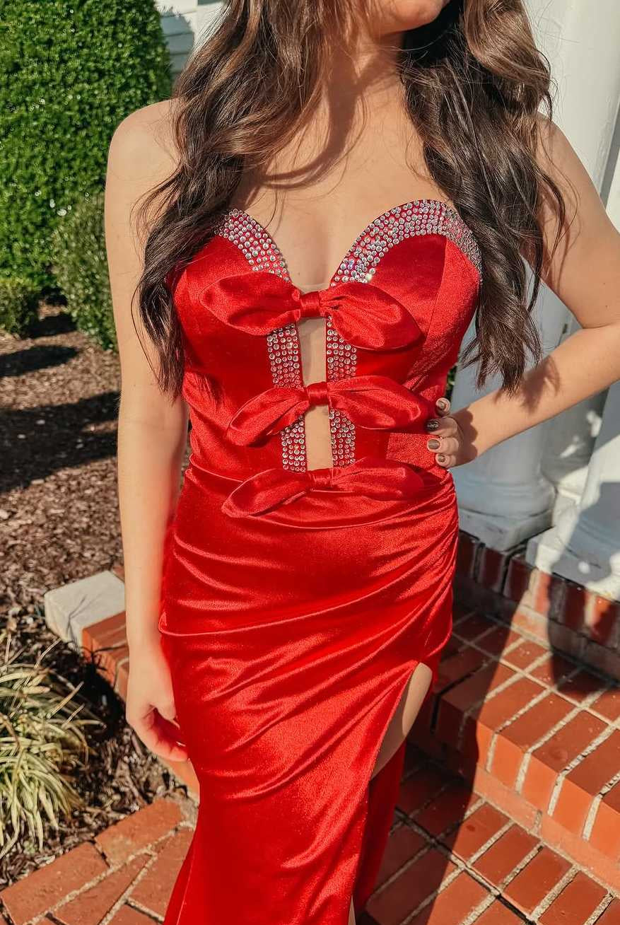 Entra | Red Strapless V-Neck Bow Mermaid Pleated Long Prom Dress with Slit