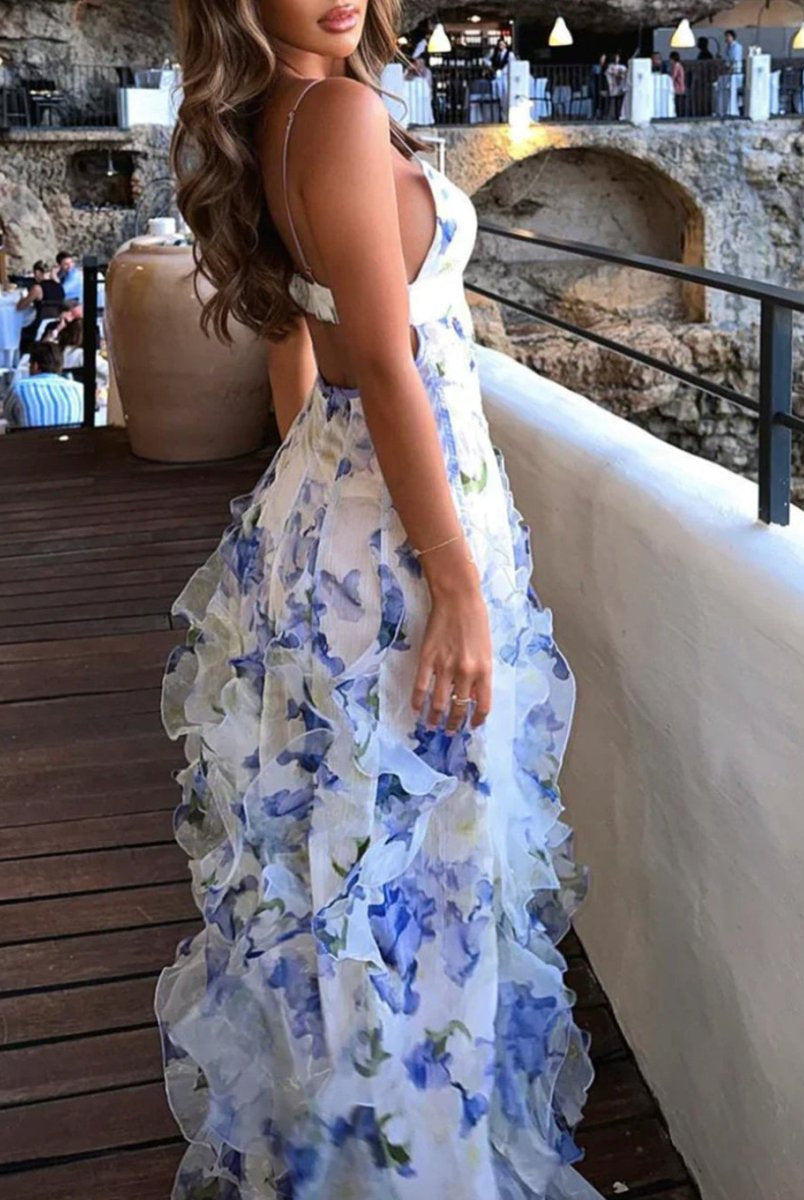 Enzy | Blue A-Line Chiffon Spaghetti Strap Prom Dresses