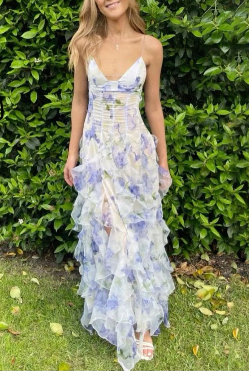 Enzy | Blue A-Line Chiffon Spaghetti Strap Prom Dresses