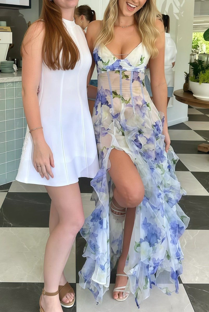 Enzy | Blue A - Line Chiffon Spaghetti Strap Prom Dresses - KissProm