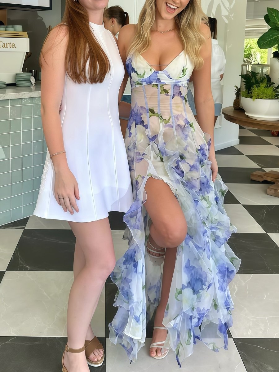 Enzy | Blue A - Line Chiffon Spaghetti Strap Prom Dresses - KissProm