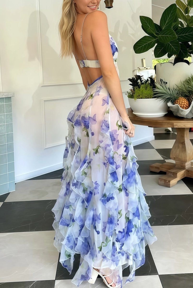 Enzy | Blue A - Line Chiffon Spaghetti Strap Prom Dresses - KissProm