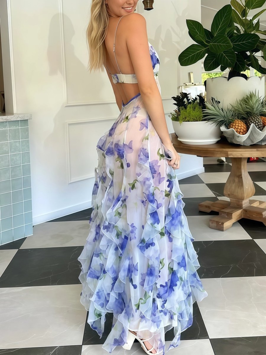 Enzy | Blue A - Line Chiffon Spaghetti Strap Prom Dresses - KissProm