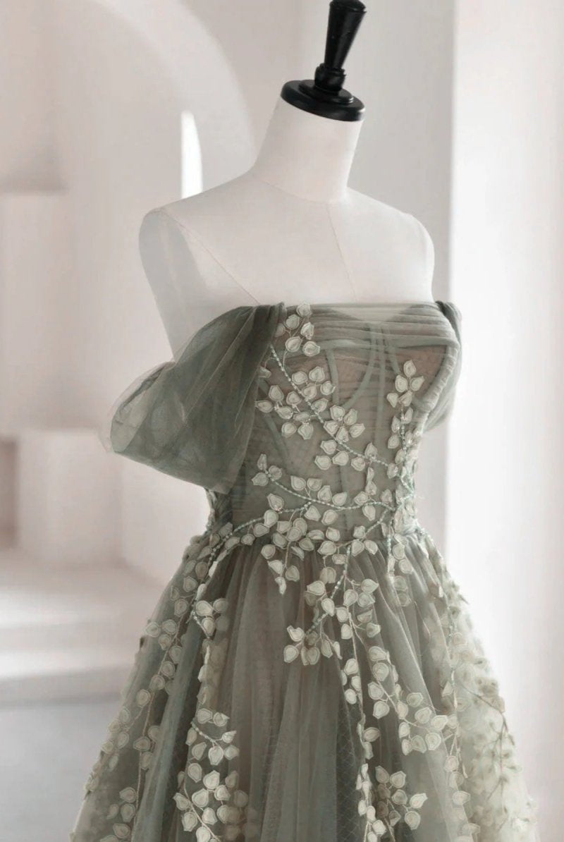 Eosinia | Gray Green Off The Shoulder Tulle Prom Dress With Appliques