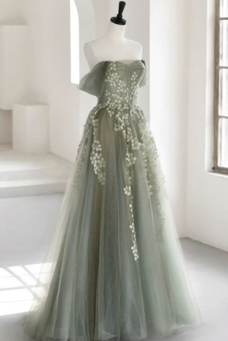 Eosinia | Gray Green Off The Shoulder Tulle Prom Dress With Appliques