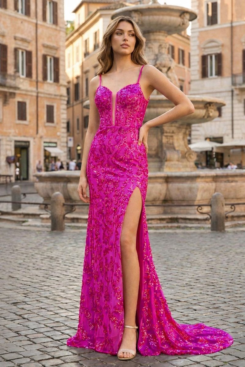 KissProm Sparkly Black Mermaid Sequins Long Prom Dress with Slit, Fuchsia / 12